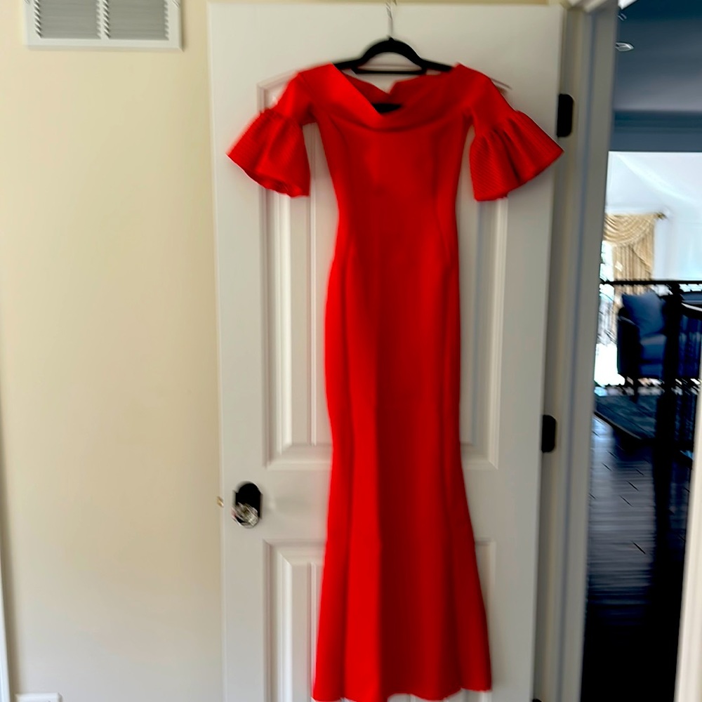 Coral colored scuba fabric chaira boni gown